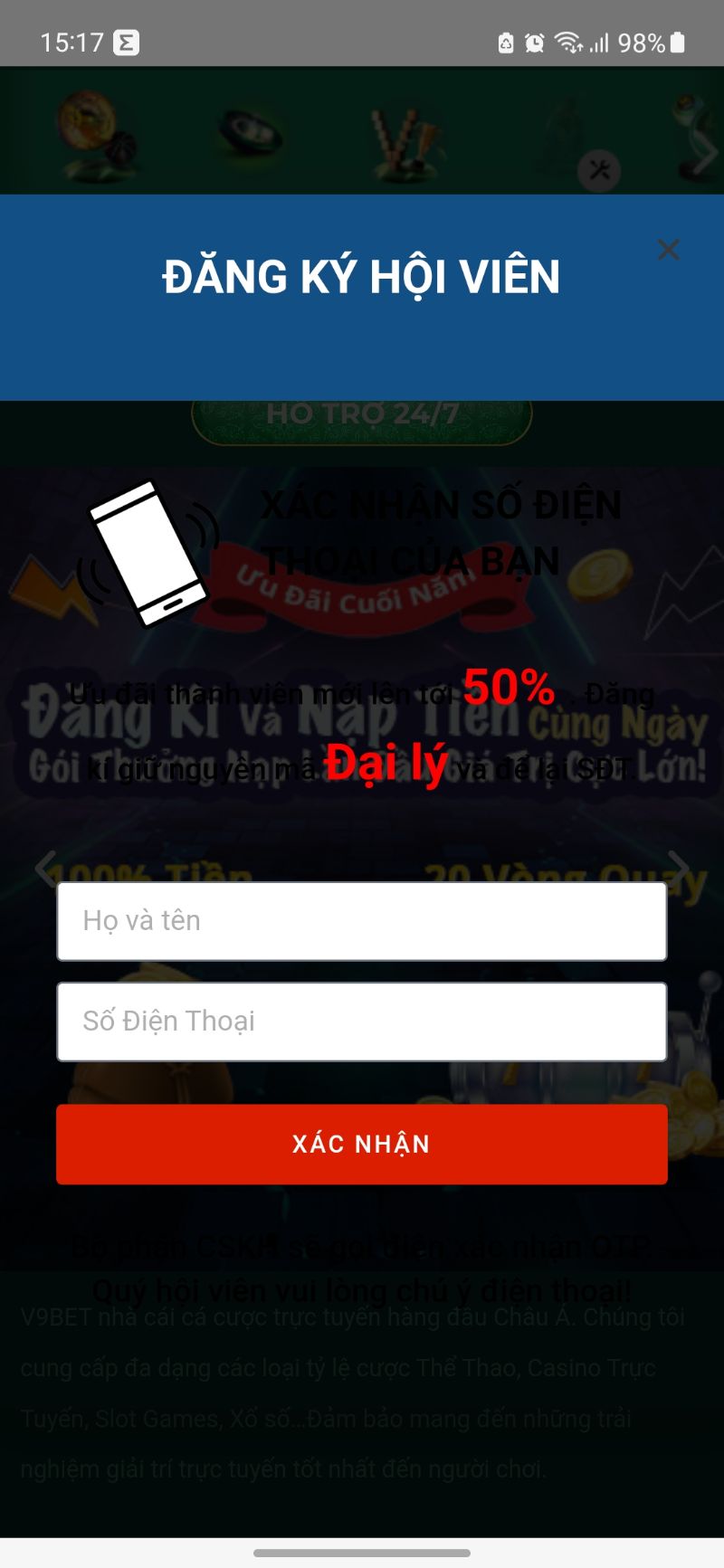 Hướng dẫn đăng ký mới tài khoản game V9BET trên mobile